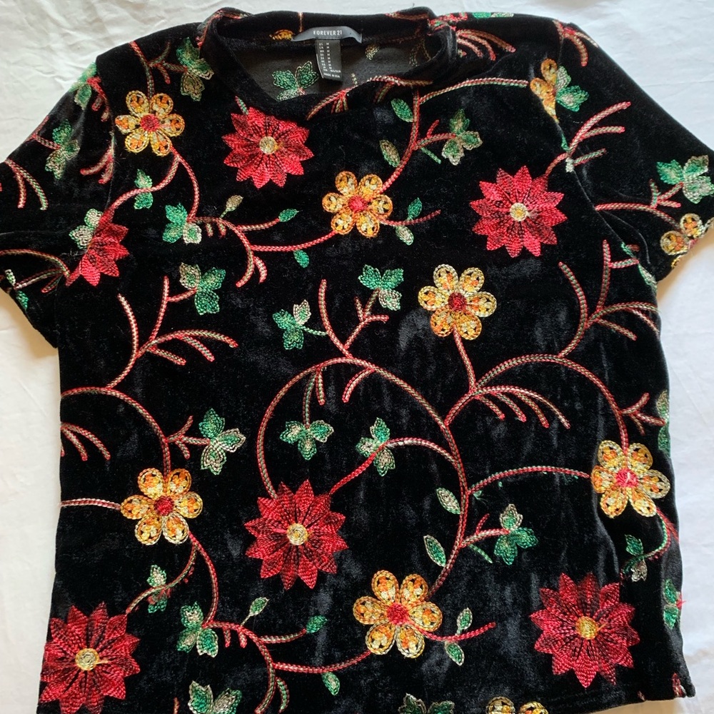 Forever 21 Velvet Floral Embroidered Shirt